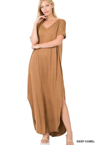 Zenana V-Neck with Side Slit Short Sleeve Maxi Dress