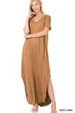 Zenana V-Neck with Side Slit Short Sleeve Maxi Dress