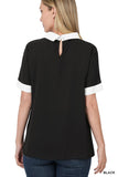Zenana Woven Colorblock Contrast Collar Blouse