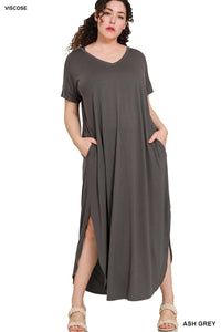 Zenana Plus V-Neck with Side Slit Maxi Dress