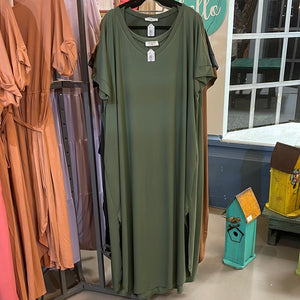 ZENANA-Light Olive -PLUS BRUSHED DTY V-NECK MAXI DRESS