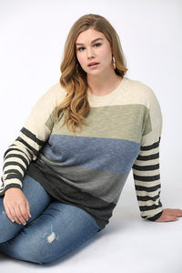 GIGIO -Curvy-Lightweight Color Block Striped Sweater Top