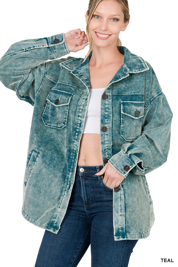 Zenana Teal Premium Wash  Corduroy Shacket