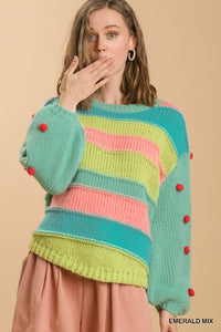 Umgee - Color Block Pullover Sweater with Pom Pom Sleeves
