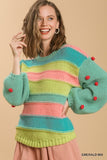 Umgee - Color Block Pullover Sweater with Pom Pom Sleeves