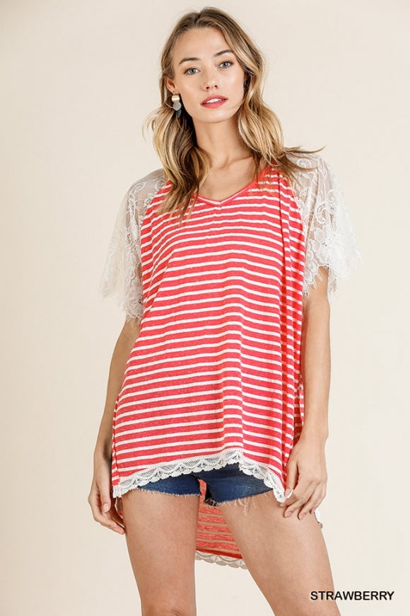 Umgee Linen Blend Strawberry Stripe with Lace Sleeve