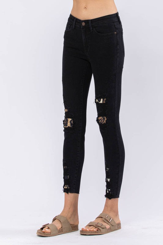 Judy Blue - Black Destroyed Leopard Patch Skinny Jeans