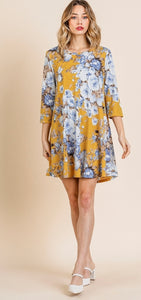 Umgee - Floral Print 3/4 Sleeve Dress
