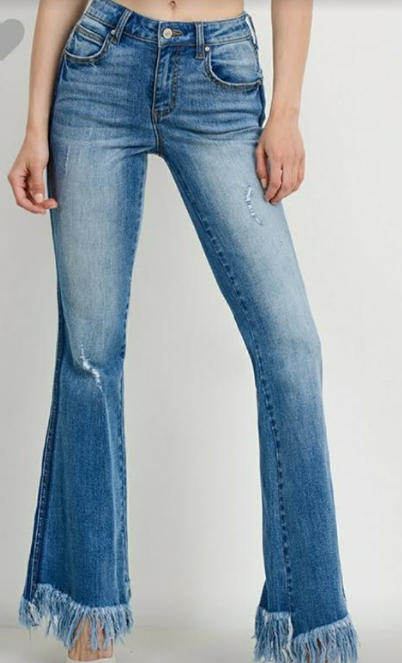 C'est Tori Medium Wash Flared Frayed Hem Jeans