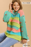 Umgee - Color Block Pullover Sweater with Pom Pom Sleeves