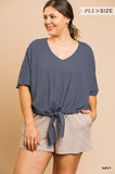 Umgee - Striped Bell Sleeve V-Neck Top with Center Waist Tie and Scoop Hem