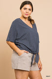 Umgee - Striped Bell Sleeve V-Neck Top with Center Waist Tie and Scoop Hem