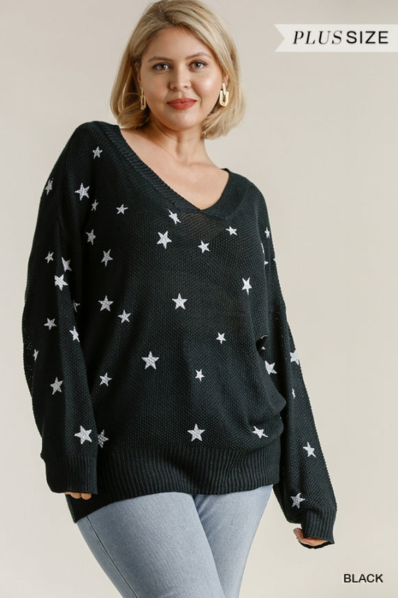 Umgee - Star Hand Stamped V-Neck Sweater - Plus